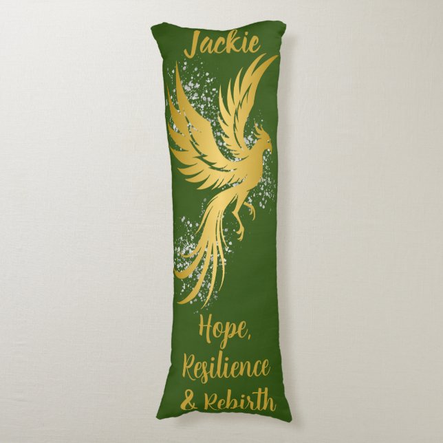 Glam Gold Phoenix Silver Glitter Monogram Green | Body Pillow (Front Vertical)