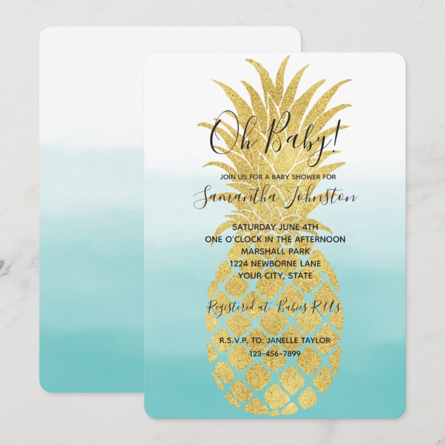 Glam Gold Pineapple Aqua Watercolor Ombre Invitation (Front/Back)