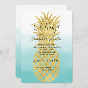 Glam Gold Pineapple Aqua Watercolor Ombre Invitation