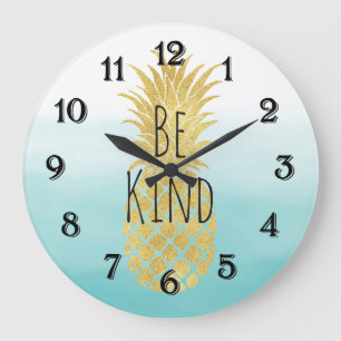 Glam Gold Pineapple Aqua Watercolor Ombre Large Clock