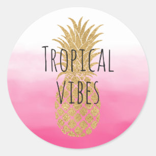 Glam Gold Pineapple Pink Watercolor Ombre Classic Round Sticker