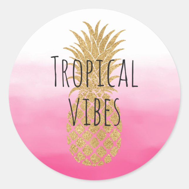 Glam Gold Pineapple Pink Watercolor Ombre Classic Round Sticker (Front)