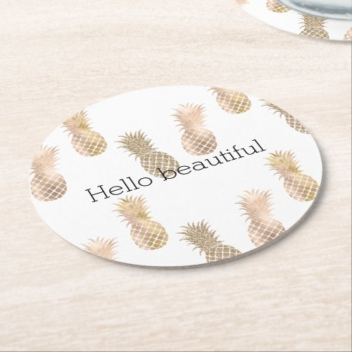 Glam Gold Pineapples Round Paper Coaster