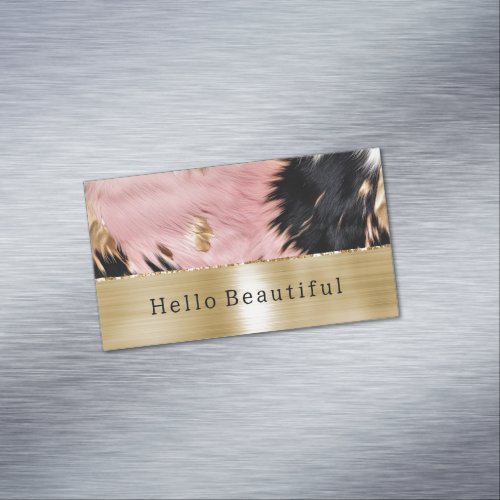 Glam Gold Pink Black Cowhide Business Card Magnet