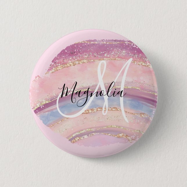 Glam Gold Pink Blue Gemstone Brush Stroke Monogram Button (Front)