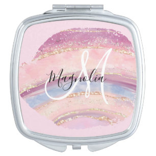 Glam Gold Pink Blue Gemstone Brush Stroke Monogram Compact Mirror