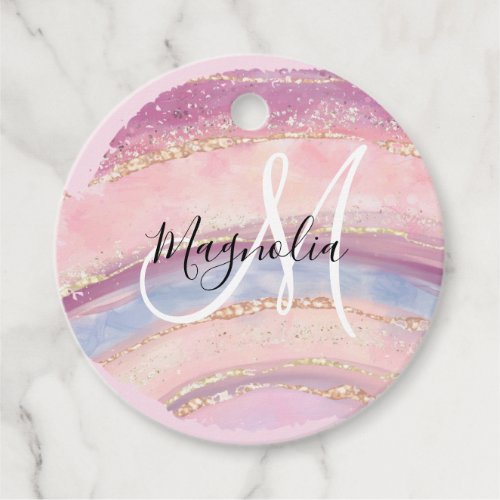 Glam Gold Pink Blue Gemstone Brush Stroke Monogram Favor Tags