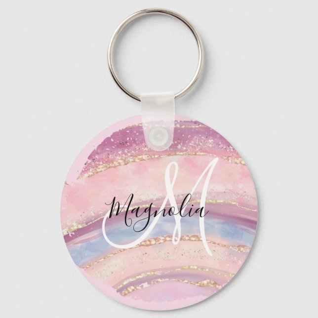 Glam Gold Pink Blue Gemstone Brush Stroke Monogram Keychain (Front)