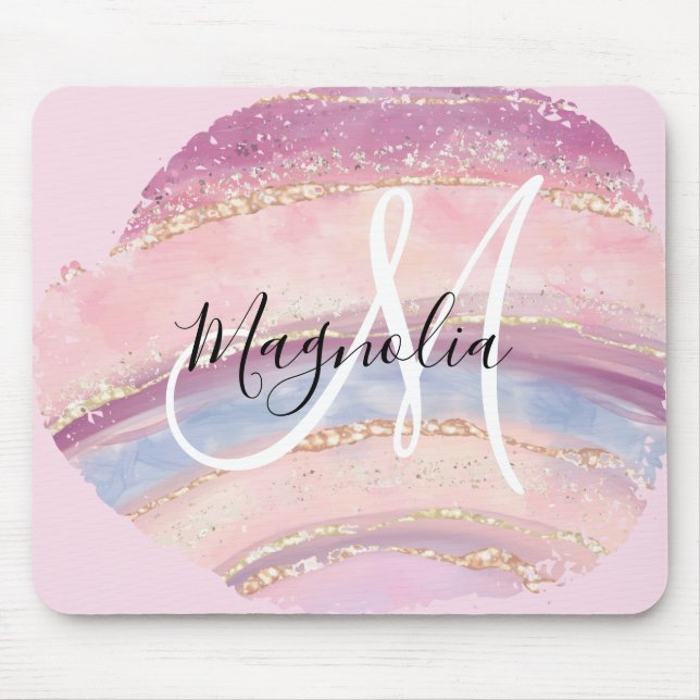 Glam Gold Pink Blue Gemstone Brush Stroke Monogram Mouse Pad (Front)