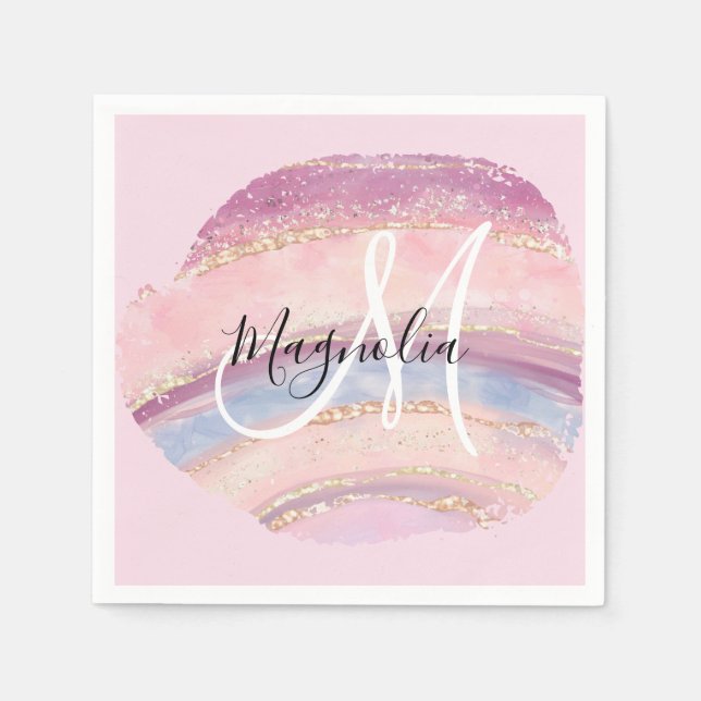 Glam Gold Pink Blue Gemstone Brush Stroke Monogram Napkins (Front)