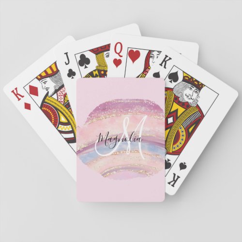 Glam Gold Pink Blue Gemstone Brush Stroke Monogram Poker Cards