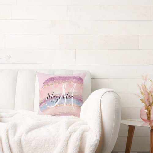 Glam Gold Pink Blue Gemstone Brush Stroke Monogram Throw Pillow