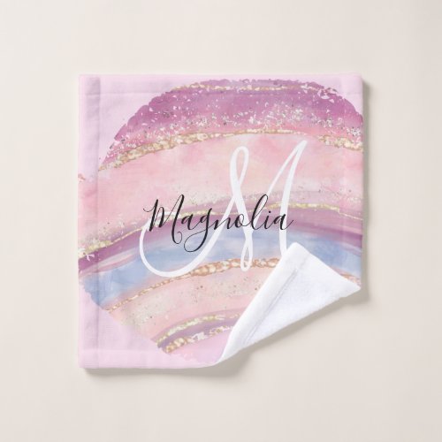 Glam Gold Pink Blue Gemstone Brush Stroke Monogram Wash Cloth