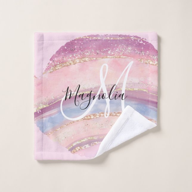 Glam Gold Pink Blue Gemstone Brush Stroke Monogram Wash Cloth (Wash Cloth)