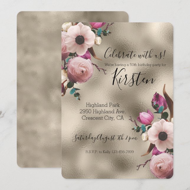 Glam Gold Pink Floral Invitation (Front/Back)