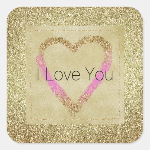 Glam Gold Pink Glitter Heart   Square Sticker