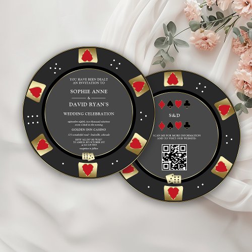 Glam Gold Poker Chip QR Code Casino Wedding  Invitation