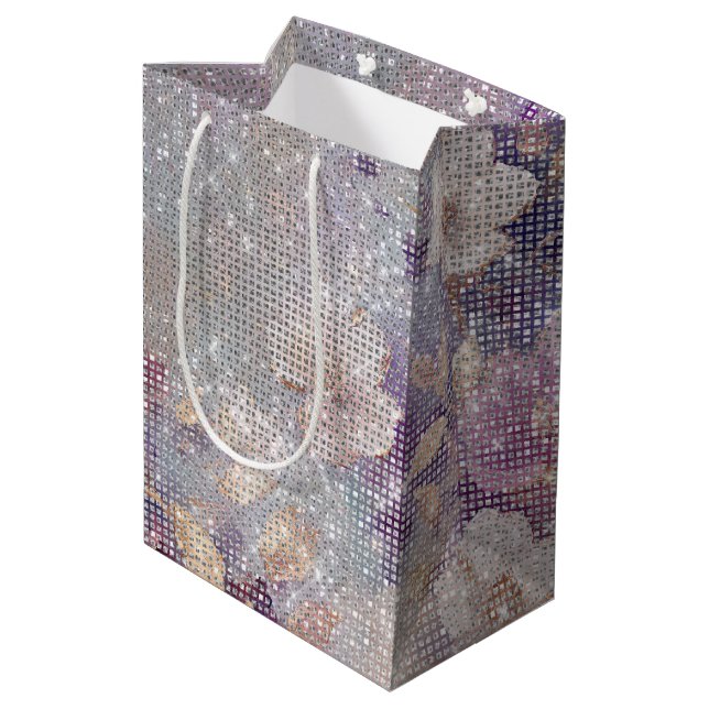 Glam Gold Purple Floral Sparkle   Medium Gift Bag (Back Angled)