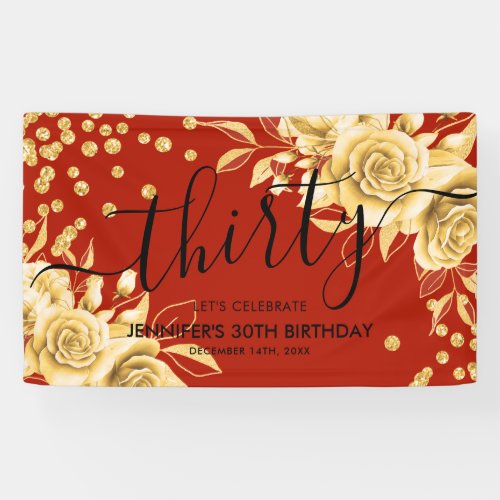 Glam Gold Red Floral Glitter 30th Birthday Script Banner
