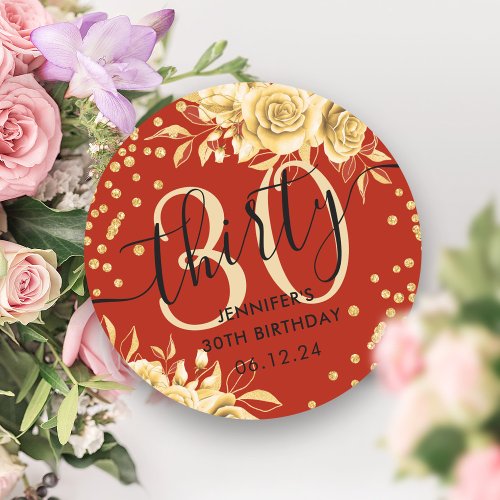 Glam Gold Red Floral Glitter 30th Birthday Script Classic Round Sticker