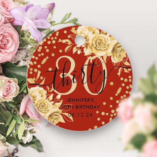 Glam Gold Red Floral Glitter 30th Birthday Script Favor Tags