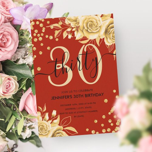Glam Gold Red Floral Glitter 30th Birthday Script Invitation