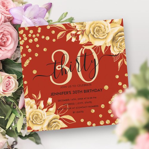 Glam Gold Red Floral Glitter 30th Birthday Script Invitation