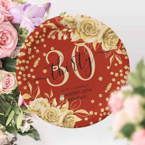 Glam Gold Red Floral Glitter 30th Birthday Script Paper Plates