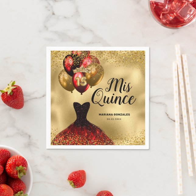 Glam Gold Red Glitter Quinceanera Mis Quince Napkins (Insitu)