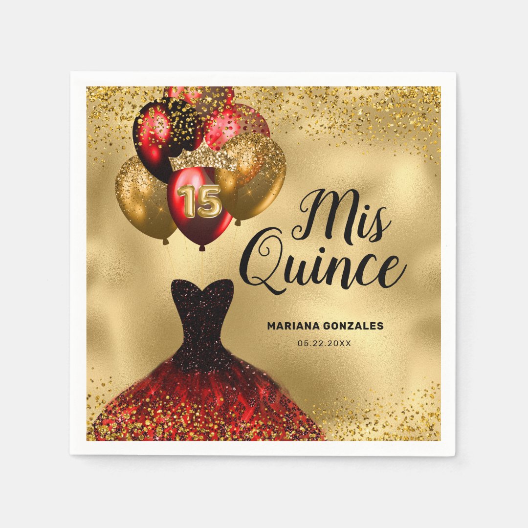 Glam Gold Red Glitter Quinceanera Mis Quince Napkins Zazzle