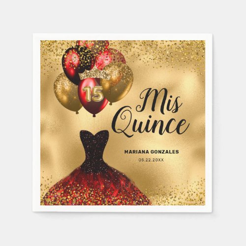 Glam Gold Red Glitter Quinceanera Mis Quince Napkins