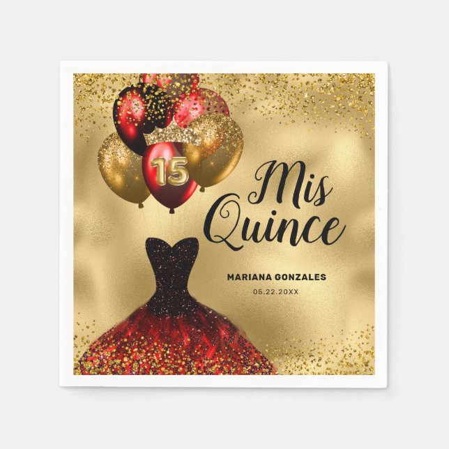 Glam Gold Red Glitter Quinceanera Mis Quince Napkins (Front)