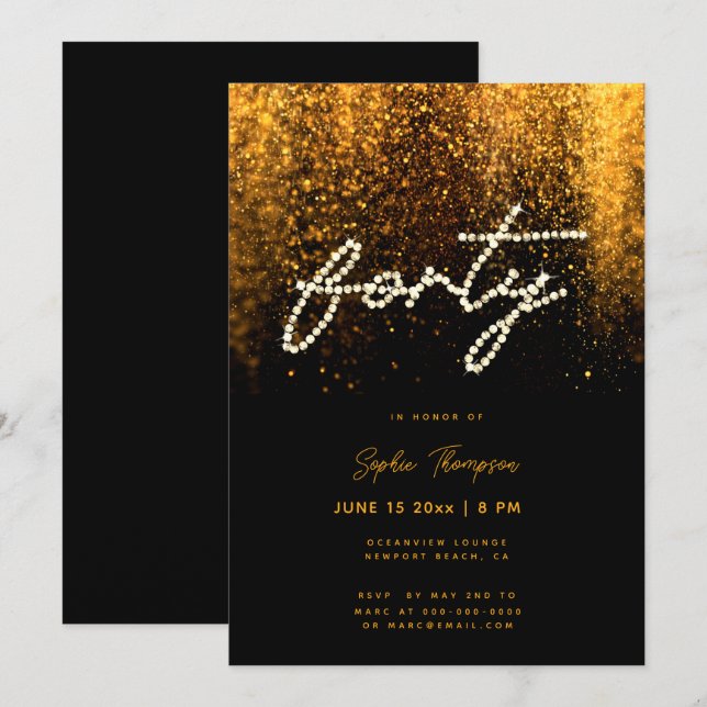 Glam Gold Rhinestones Calligraphy 40th Birthday Invitation (Front/Back)