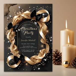 Glam Gold Ribbon Black Bow Christmas Party Invitation