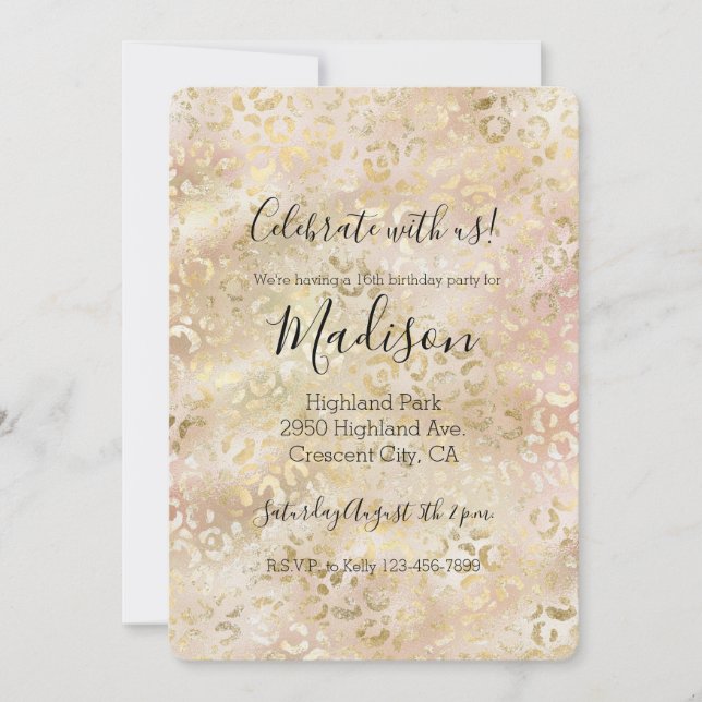 Glam Gold Rose Blush Pink Leopard Print Invitation (Front)