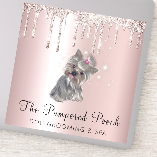 Glam Gold Rose Glitter Drips Dog Grooming Service Sticker (Detail)