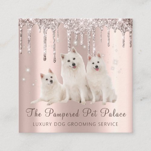 Glam Gold Rose Glitter Drips Samoyed Pet Grooming Square Business Card