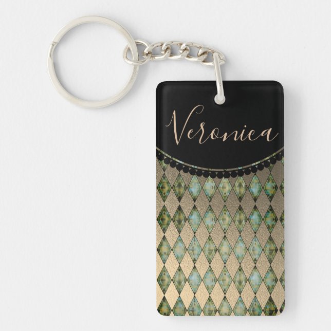 Glam Gold sage Harlequin Personalized  Keychain (Front)