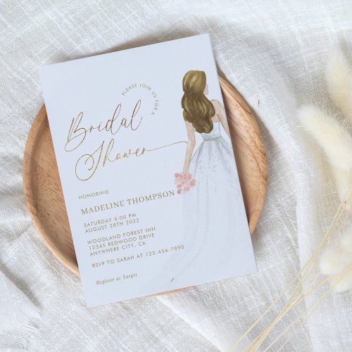 Glam Gold Script Ivory Bride Gown Bridal Shower Invitation