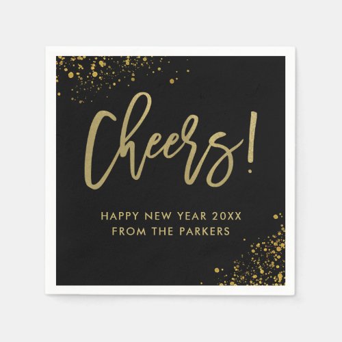 Glam Gold Script on Black  Cheers New Years Napkins