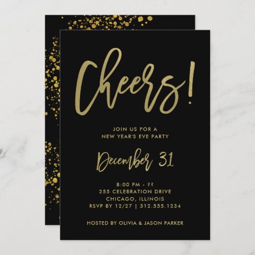 Glam Gold Script on Black  New Years Eve Party Invitation