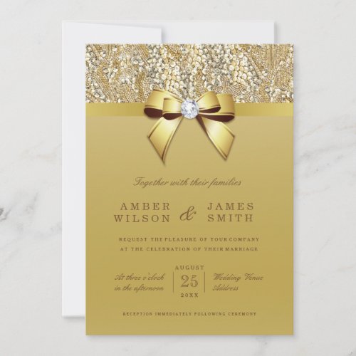 Glam Gold Sequins and Bow Wedding Invitation
