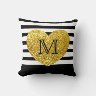 Glam/Gold Sequins Heart/Personalized Striped Throw Pillow