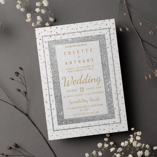 Glam gold silver glitter confetti Wedding Invitation