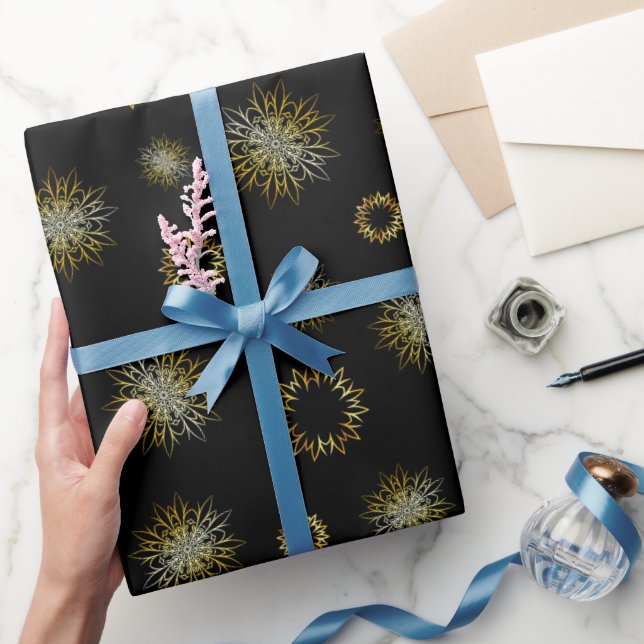 Glam Gold Snowflakes on Midnight Black Wrapping Paper (Gifting)