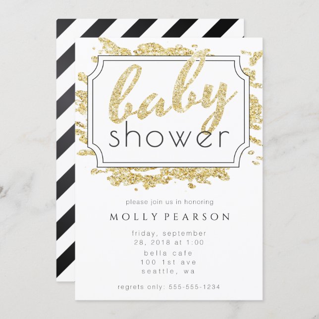 Glam Gold Sparkle Black and White Baby Shower Invitation (Front/Back)