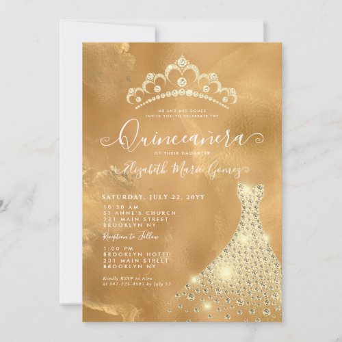 Glam Gold Sparkle Diamond Tiara Dress Quinceanera Invitation