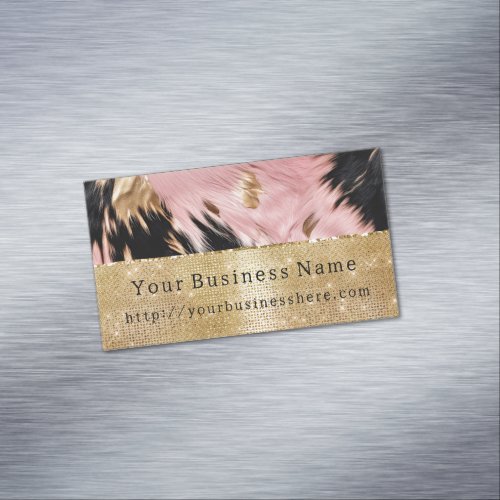 Glam Gold Sparkle Pink Black Cowhide Business Card Magnet