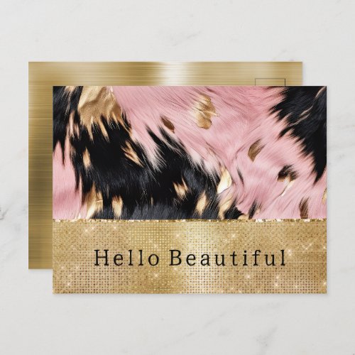Glam Gold Sparkle Pink Black Cowhide Postcard