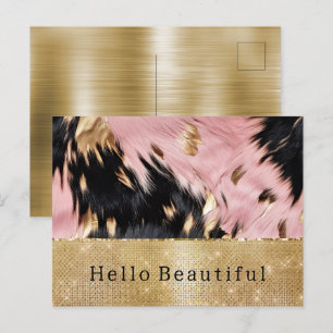 Glam Gold Sparkle Pink Black Cowhide Postcard
